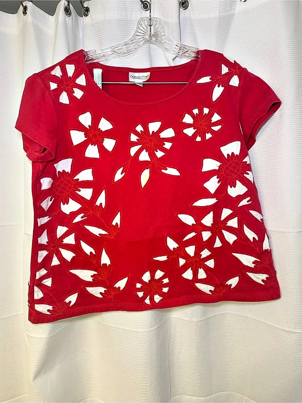 Coldwater Creek Floral Cutout Short Sleeve Top Red XL